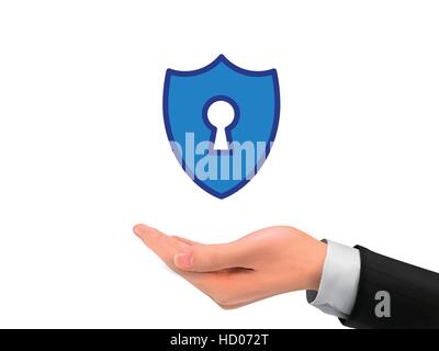 shield icon holding by realistic hand over white background Stock Vector