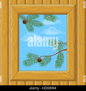 Wood Window with Pine Branches Stock Vector