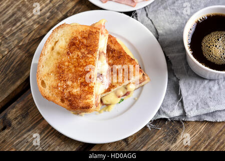 Breakfast toast sandwich with bacon and cheese, top view Stock Photo