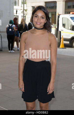 Georgina Campbell arriving at the Radio 1 studio to appear as a guest