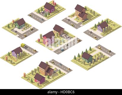 Vector isometric low poly suburban buildings Stock Vector