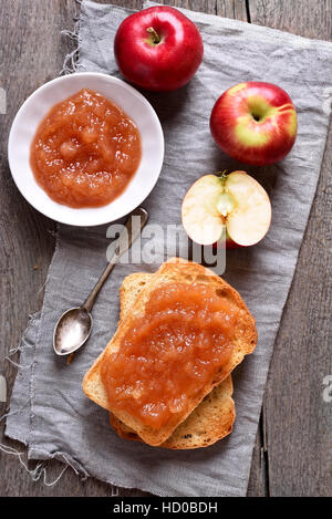 Sweet sandwich, apple jam on toast bread, top view Stock Photo