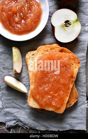 Apple jam on toast bread, top view Stock Photo