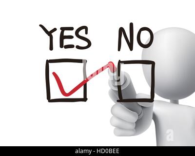 choosing yes on survey by 3d man over transparent board Stock Vector