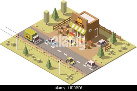 Vector isometric low poly farmers food store Stock Vector