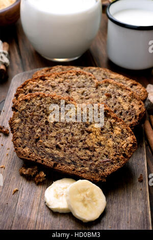 Homemade banana bread and milk, healthy food Stock Photo