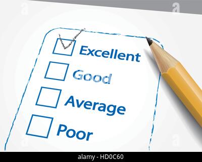 tick placed in excellent check box with pencil over quality survey Stock Vector