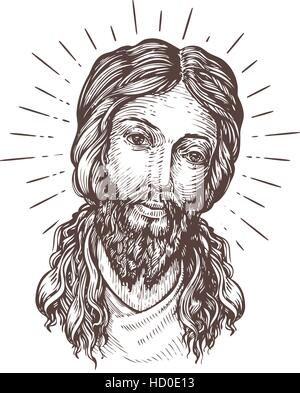 Hand-drawn portrait of Jesus Christ. Sketch vector illustration Stock Vector