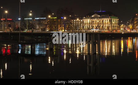 Geneva, Switzerland - November 24, 2016: Night cityscape with illuminated facades in central area of Geneva city Stock Photo