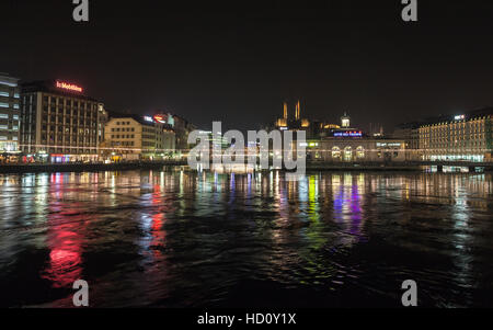 Geneva, Switzerland - November 24, 2016: Night cityscape with illuminated building facades in central area of Geneva Stock Photo