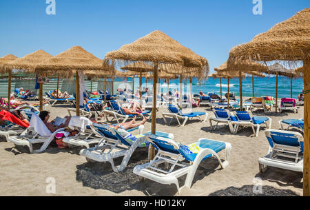 Spain, Andalusia, Province of Malaga, Costa del Sol, Marbella, beach umbrellas at Playa de Venus Stock Photo