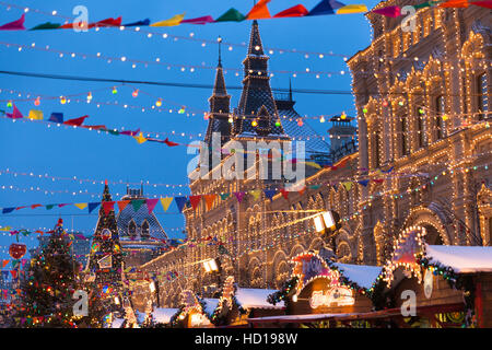 Dusk view of the Christmas market at the Red Square on December 09,2016 in Moscow, Russia Stock Photo