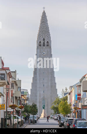 A view of Hallgrimskirkja Lutheran Church in Reykjavik, Iceland. Stock Photo