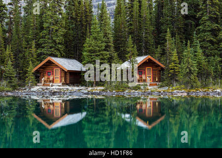 Individual guest cabins on the shore of Lake O'Hara in Yoho National Park, British Columbia, Canada. No Property Release Stock Photo
