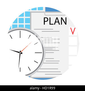 Business plan icon round flat vector. Plane and strategy, planning process schedule, illustration of strategic planning Stock Photo