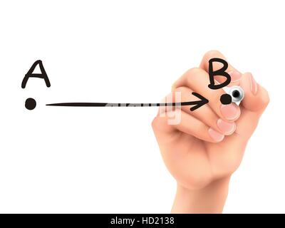 point A to B drawn by 3d hand over white background Stock Vector