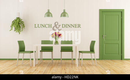 White and green dining room with minimalist table and closed door - 3d rendering Stock Photo