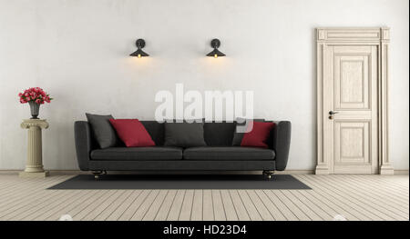 Living room in classic style with leather sofa,pedestal with roses and wooden closed door - 3d rendering Stock Photo