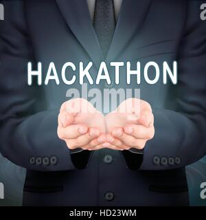 close-up look at businessman holding hackathon word Stock Vector