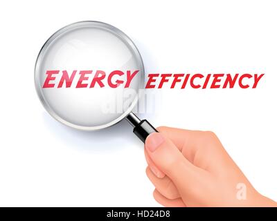energy efficiency words showing through magnifying glass held by hand Stock Vector