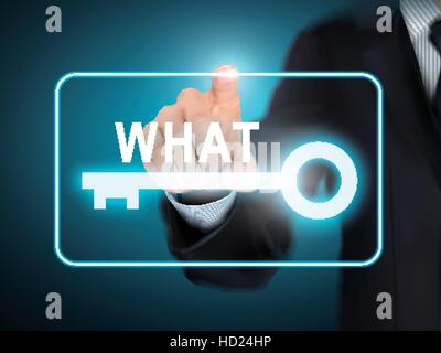 male hand pressing what key button over blue abstract background Stock Vector