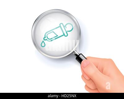 pipette icon showing through magnifying glass held by hand Stock Vector