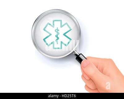 medical emergency icon showing through magnifying glass held by hand Stock Vector
