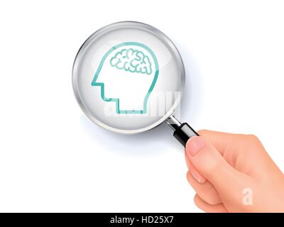 brain icon showing through magnifying glass held by hand Stock Vector