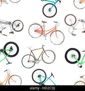 Seamless pattern of different bicycles isolated on a white background Stock Photo