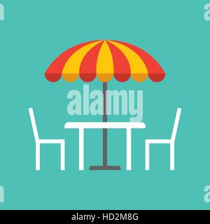 table, chairs and striped parasol over blue background. colorful design. vector illustration Stock Vector