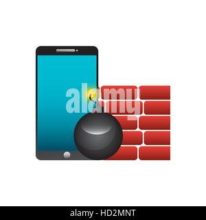 smartphone device with bomb and firewall icon over white background. cyber security concept. colorful design. vector illustration Stock Vector