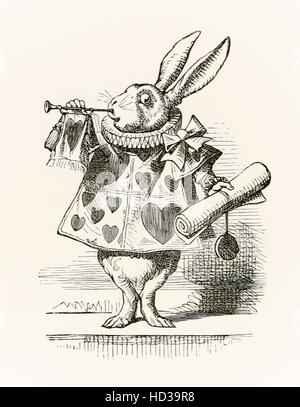 The White Rabbit with trumpet and scroll heralding the accusation, illustration by Sir John Tenniel  (1820-1914) from 'Alice in Wonderland' by Lewis Carroll first published in 1865.