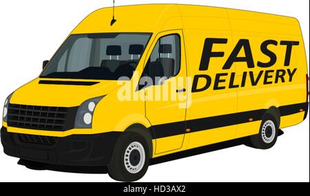 Fast delivery. Yellow van on white background. Flat vector. Stock Vector