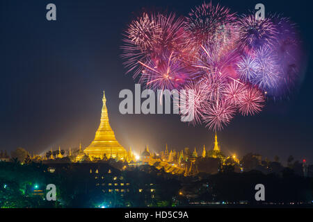Shwedagon pagoda with with Fireworks celebration New year day 2017 in Yangon, Myanmar Stock Photo