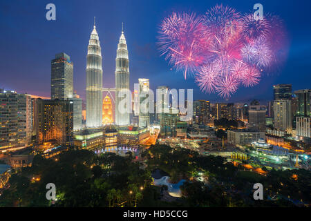 Kuala lumpur skyline with Fireworks celebration New year day 2017 or Malaysia Independence Day in Kuala lumpur, Malaysia. Stock Photo