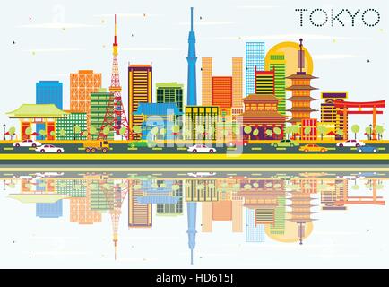 Tokyo Skyline with Color Buildings, Blue Sky and Reflections. Vector Illustration. Business Travel and Tourism Concept with Modern Architecture. Stock Vector