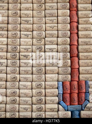 Display of wine corks framed on a wall at the Vouni Panayia winery near the village of Pano Panagia, southern Cyprus. Stock Photo