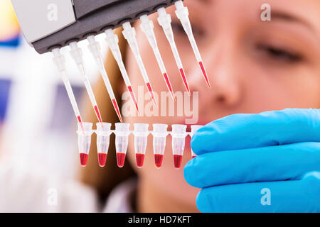 MODEL RELEASED. Woman holding micro tubes and pipettes, close up. Stock Photo