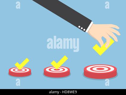 Businessman hand put the check mark symbol on different size of targets, goal achievement concept Stock Vector