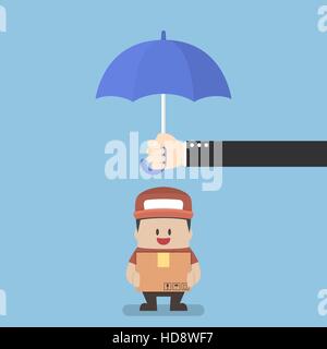 Businessman holding parcel box protected by big umbrella, Logistics and shipping insurance concept Stock Vector