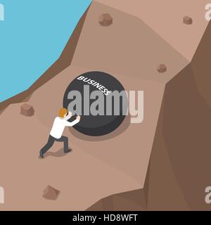 Businessman pushing heavy ball with business word to uphill, The hard way to success concept Stock Vector