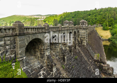 Dam of the  Lake Vyrnwy reservoir. Supplies water to Liverpool. Powys, Wales, United Kingdom. Stock Photo