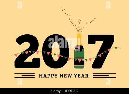 Congratulations to the happy new 2017 year with a bottle of champagne, flags Stock Vector