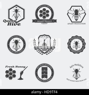 Retro black bee emblems with worker bees and queen in circle. Stock Vector