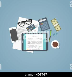 Business concept flat illustration. Tablet and business staff, phone papers and report documets with chart and financial graph information Stock Vector