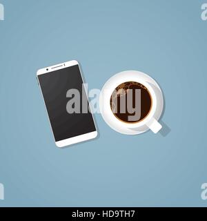 Realistic coffee cup with black coffee in it with foam and bubbles. Realistic mobile phone with big screen. Business concept coffee break with busines Stock Vector