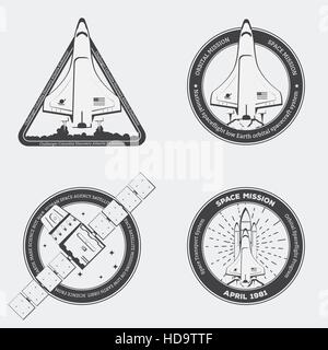 Retro black space shuttle emblems with stars in vintage style. Space shuttle with rocket and low Earth satellite with solar panels. Stock Vector
