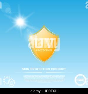 Yellow glowing shield with UV sun protection emblem. Sun rays on sky background representing ultraviolet radiation and yellow shield represents skin c Stock Vector