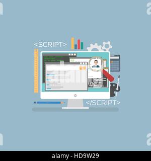 Flat web development concept. Web browser and window on monitor and programs for scripting and programming web applications on html 5 programming leng Stock Vector