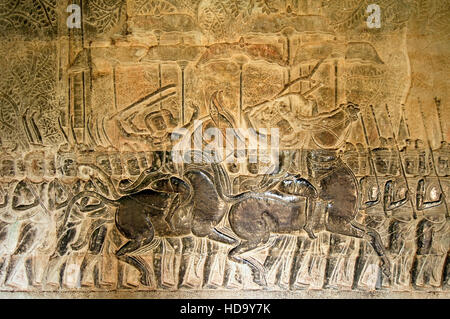 Army of King Suryavarman II in movement, South Gallery, Angkor Wat, Siem Reap, Cambodia, UNESCO World Heritage Site Stock Photo